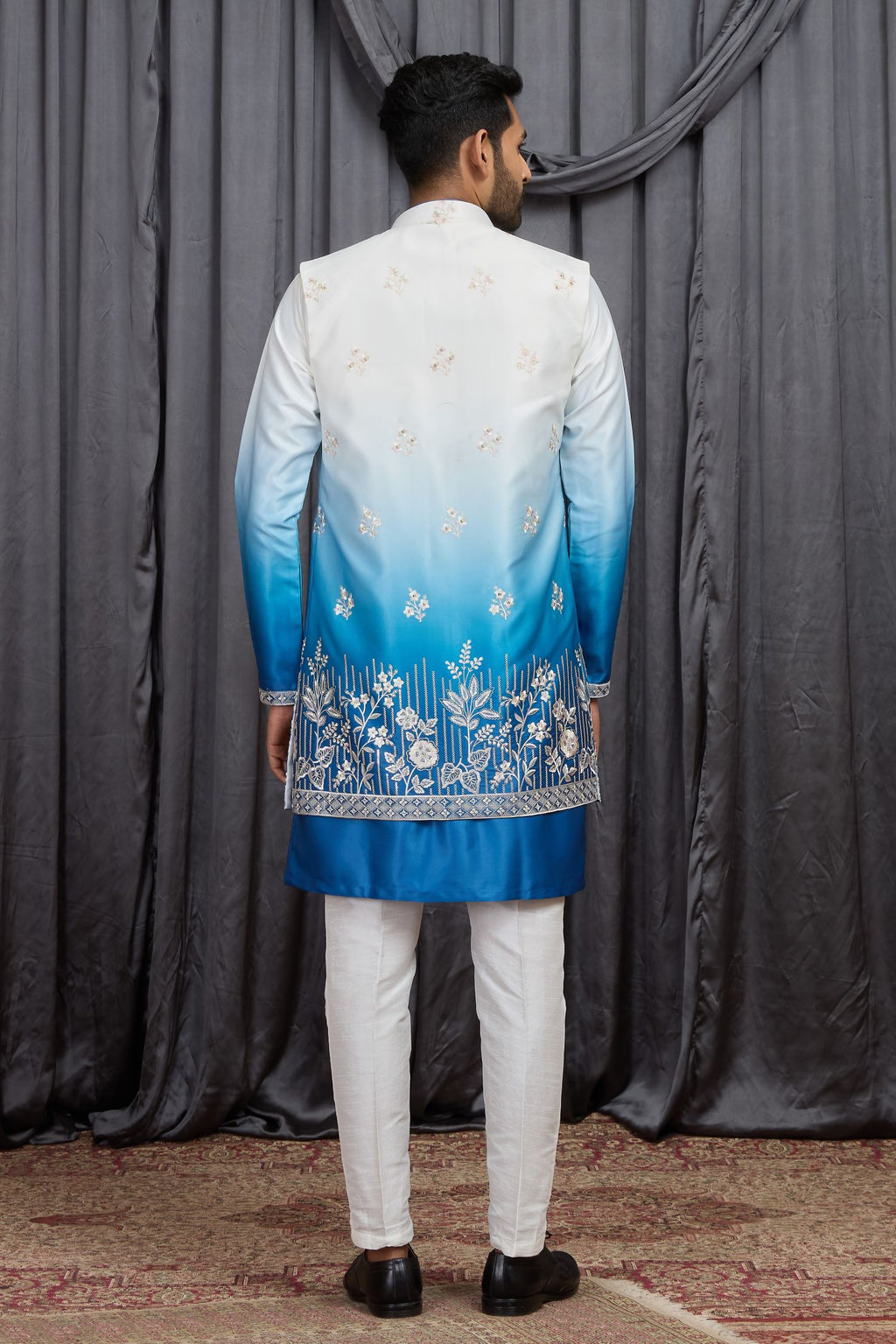 Blue Art Silk Men's Kurta Pyjama with Embroidery Jacket