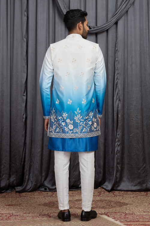 Blue Art Silk Men's Kurta Pyjama with Embroidery Jacket