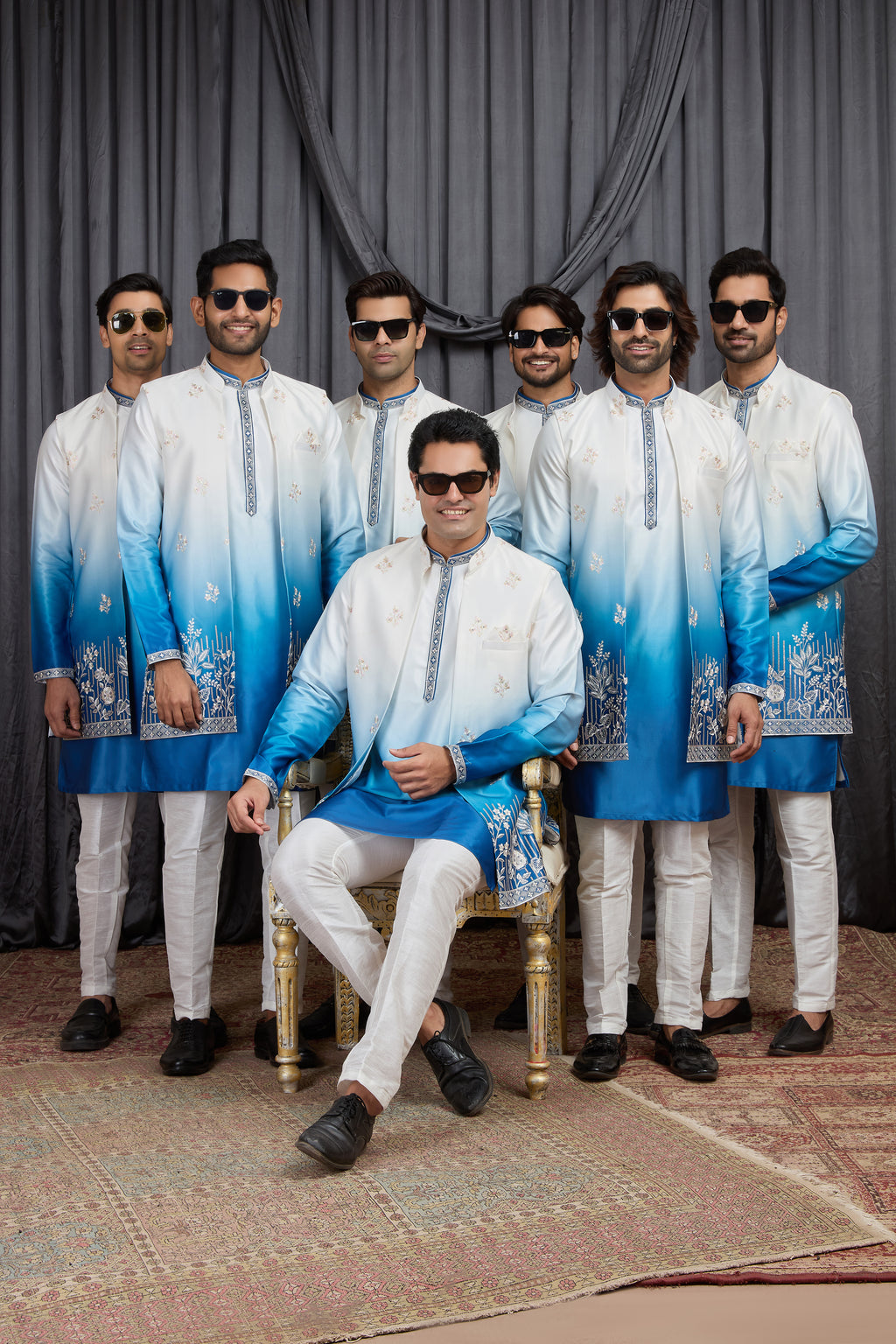 Blue Art Silk Men's Kurta Pyjama with Embroidery Jacket
