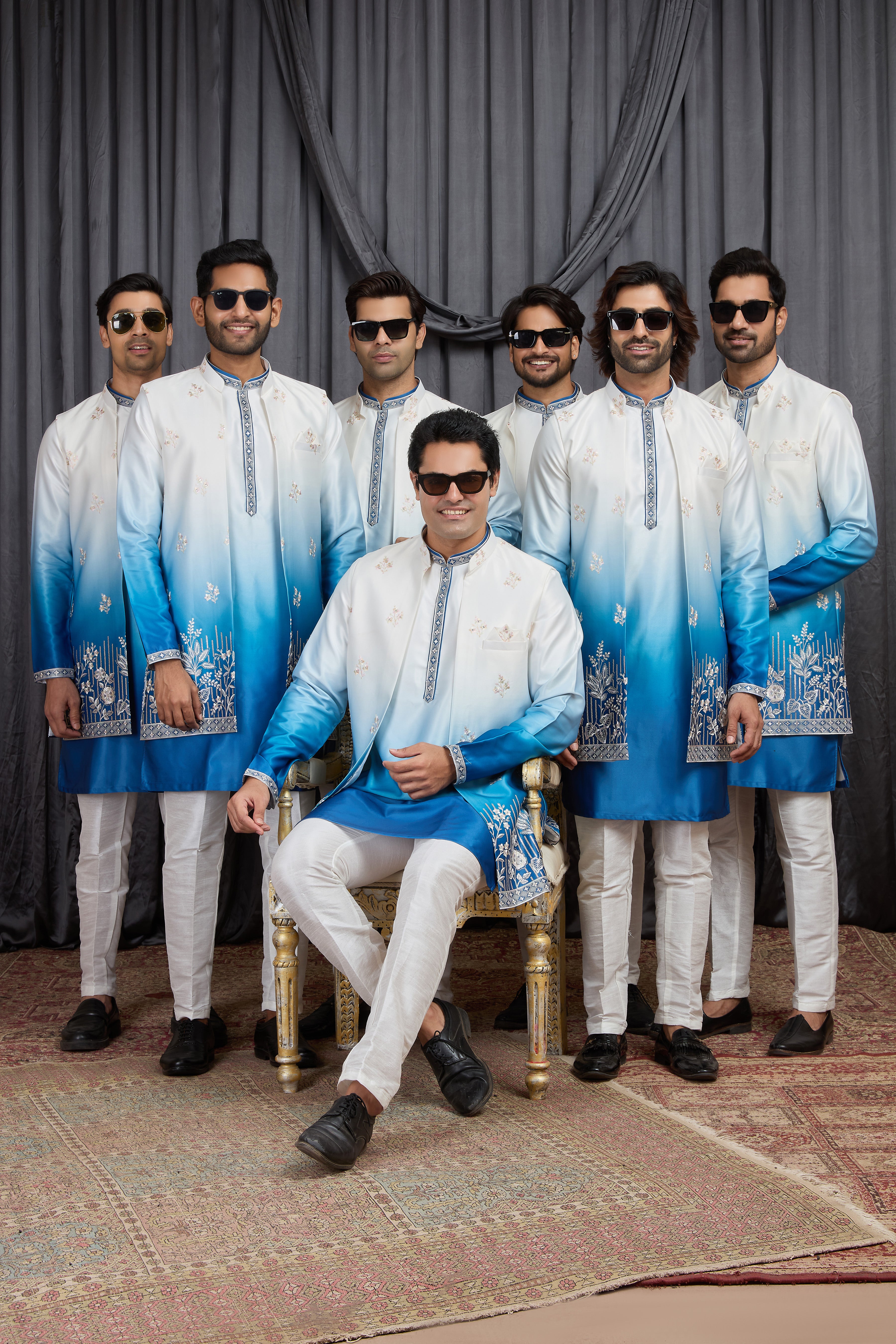 Blue Art Silk Men's Kurta Pyjama with Embroidery Jacket