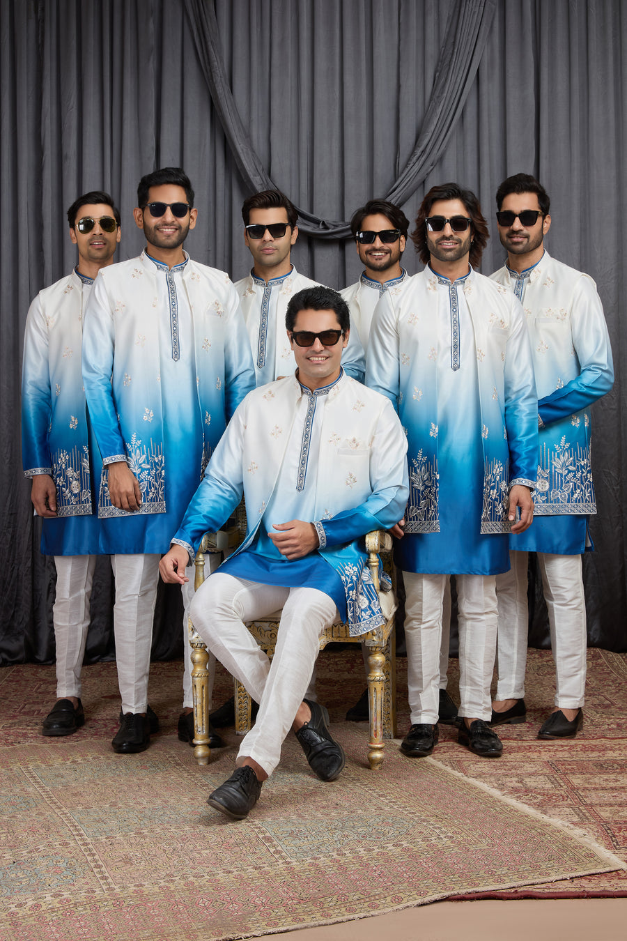 Blue Art Silk Men's Kurta Pyjama with Embroidery Jacket