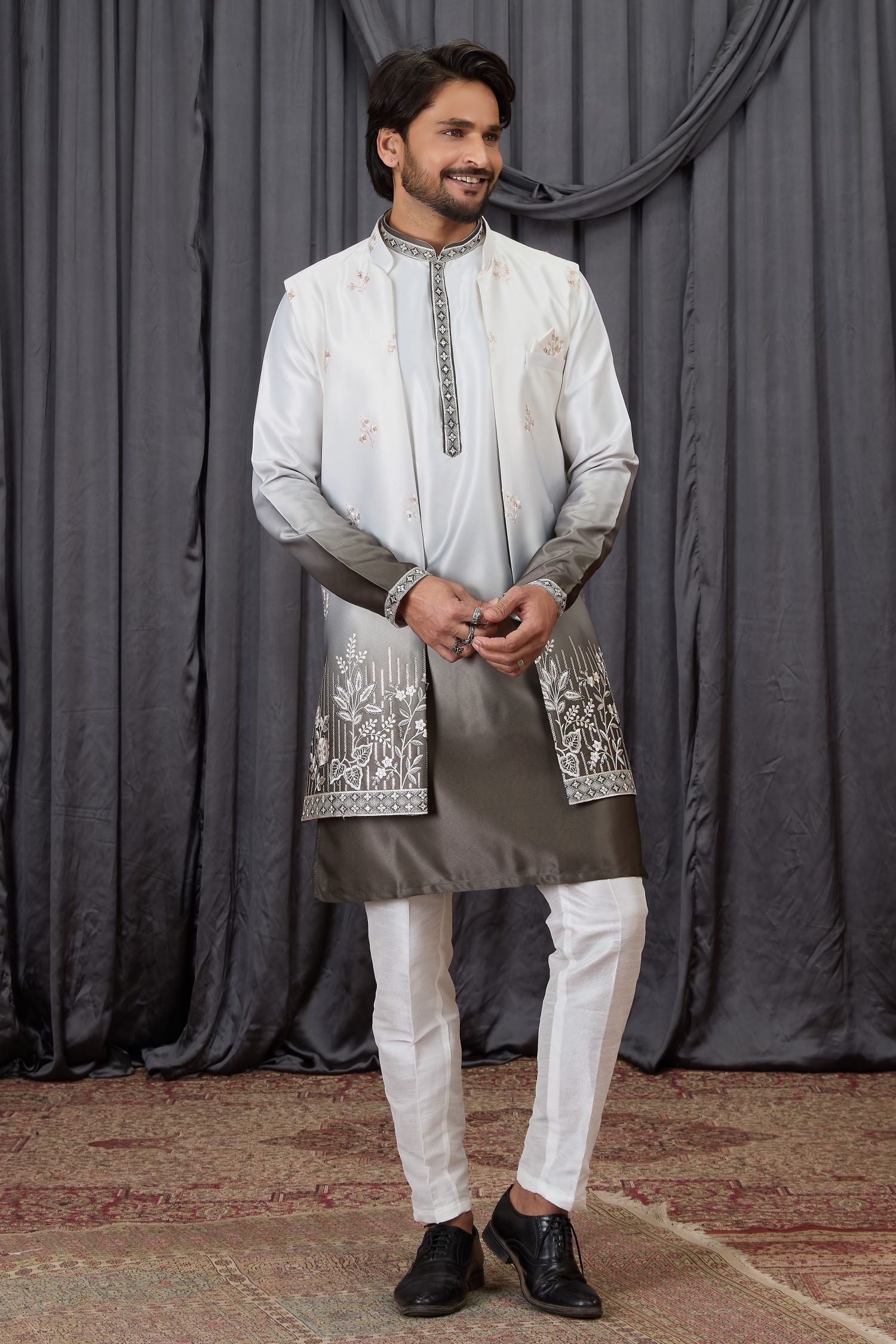 Brown Art Silk Mens Wear Kurta Pajama with Embroidery Jacket