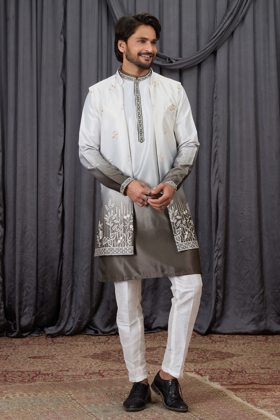 Brown Art Silk Mens Wear Kurta Pajama with Embroidery Jacket
