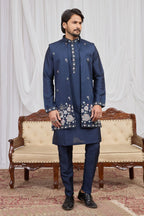 Navy Blue Art Silk Kurta and Pajama for Mens with Embroidery Work Jacket