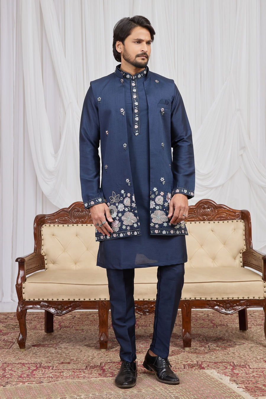 Navy Blue Art Silk Kurta and Pajama for Mens with Embroidery Work Jacket
