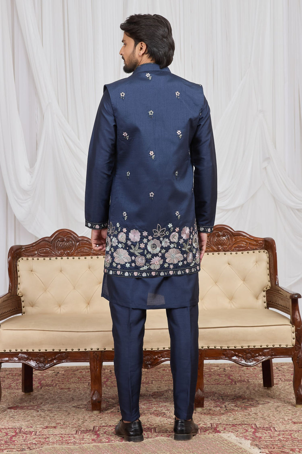 Navy Blue Art Silk Kurta and Pajama for Mens with Embroidery Work Jacket