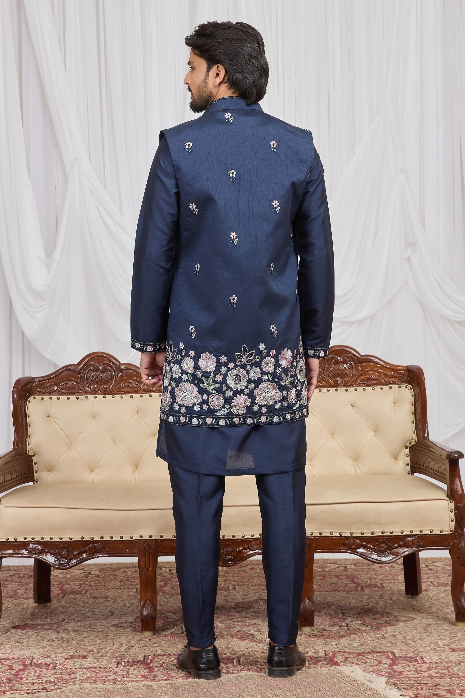 Navy Blue Art Silk Kurta and Pajama for Mens with Embroidery Work Jacket