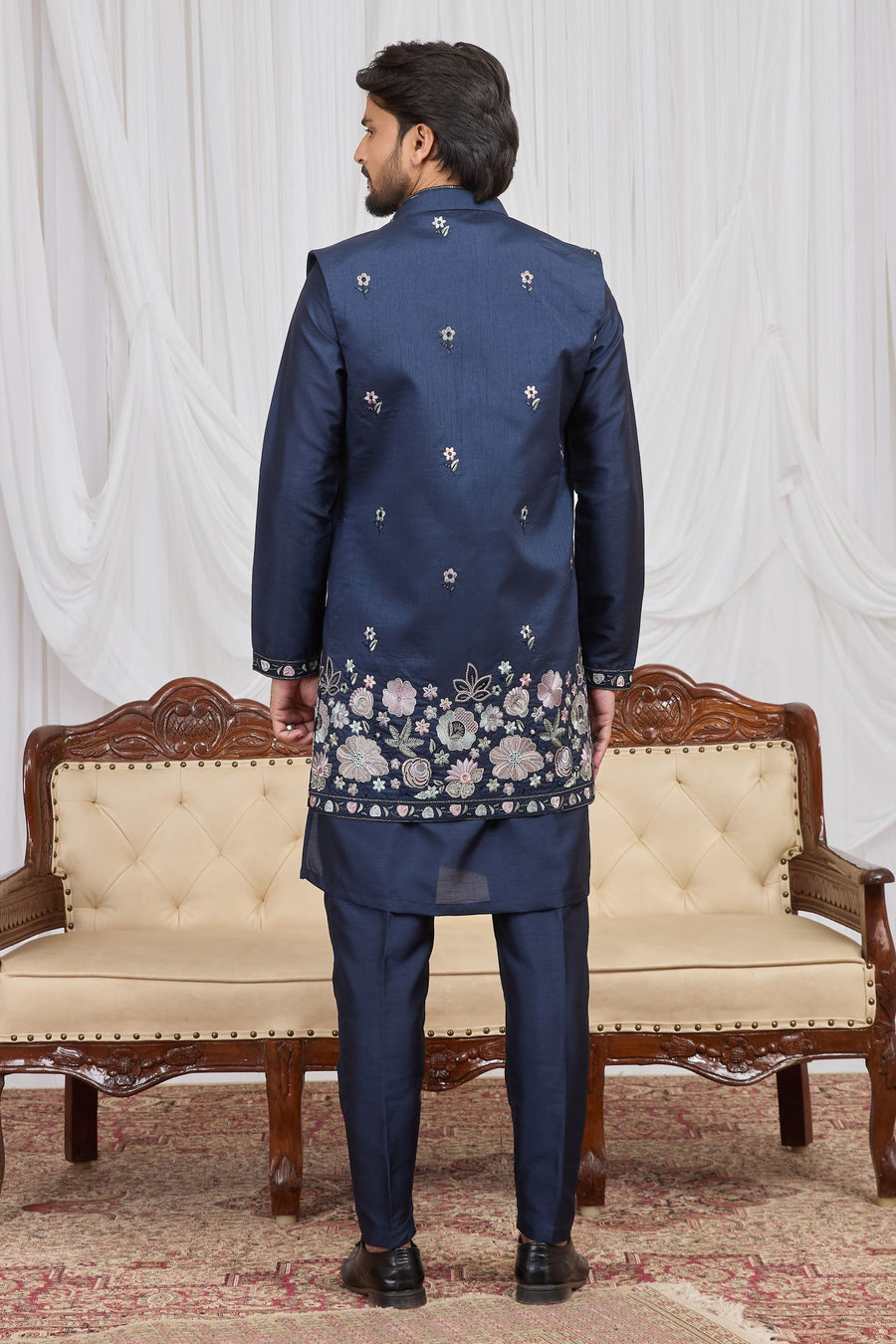 Navy Blue Art Silk Kurta and Pajama for Mens with Embroidery Work Jacket