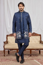 Navy Blue Art Silk Kurta and Pajama for Mens with Embroidery Work Jacket
