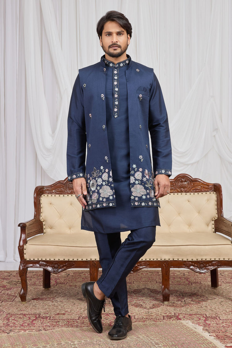 Navy Blue Art Silk Kurta and Pajama for Mens with Embroidery Work Jacket