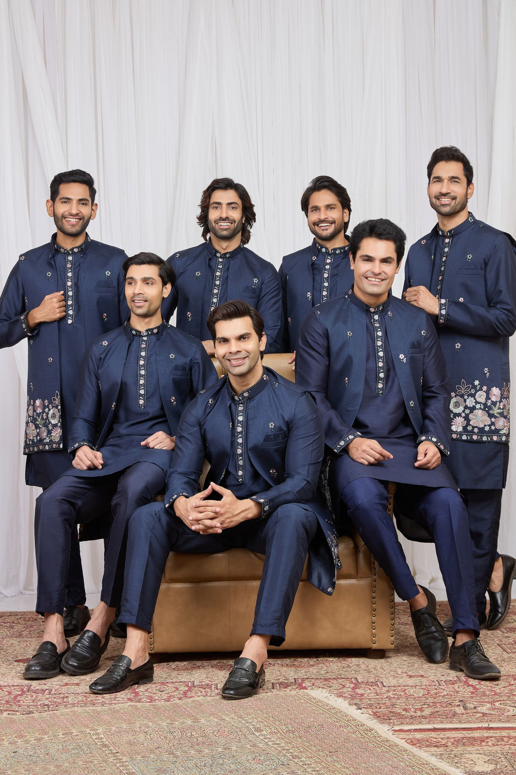 Navy Blue Art Silk Kurta and Pajama for Mens with Embroidery Work Jacket