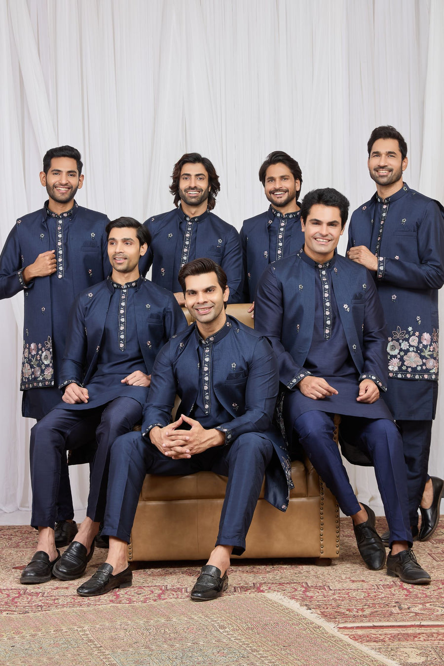 Navy Blue Art Silk Kurta and Pajama for Mens with Embroidery Work Jacket
