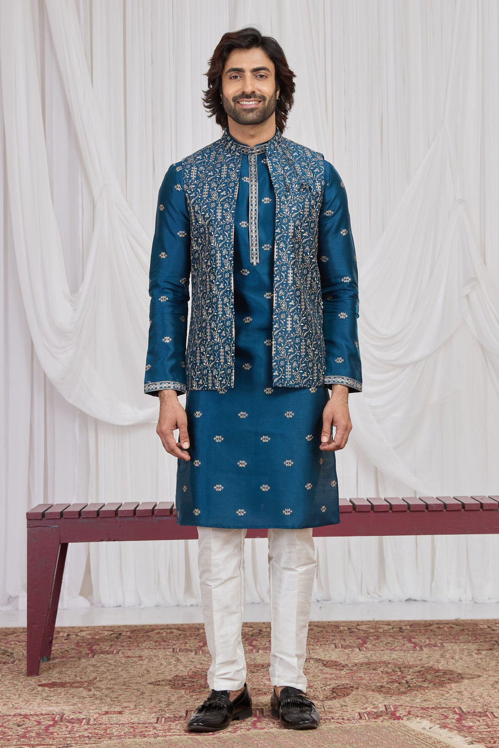 Teal Blue Art Silk Kurta Pajama Male with Embroidery Jacket