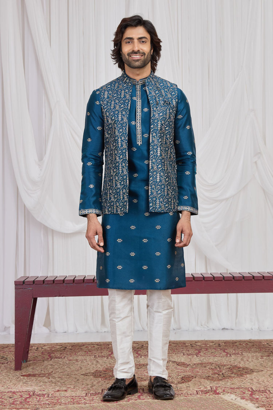 Teal Blue Art Silk Kurta Pajama Male with Embroidery Jacket