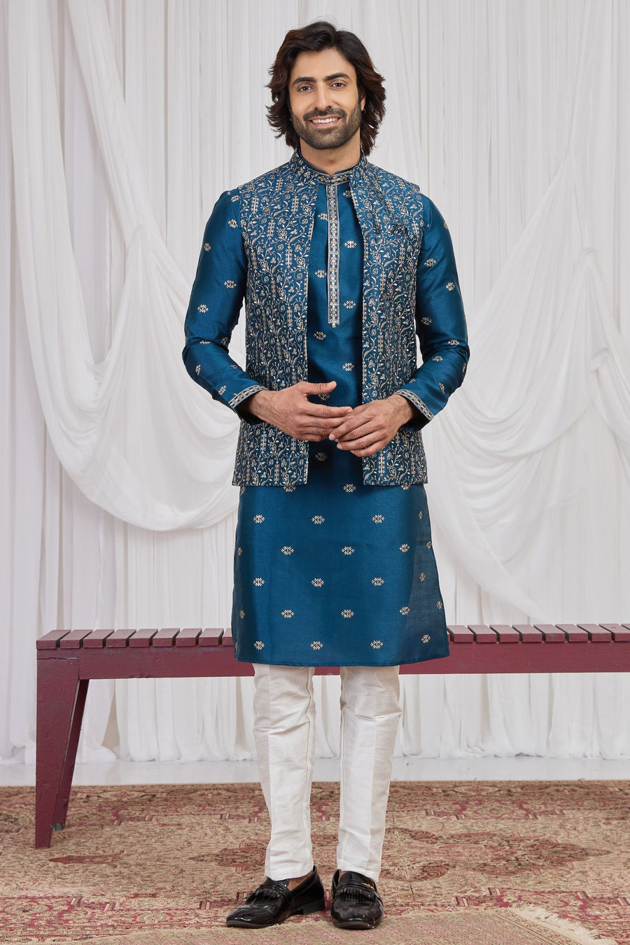 Teal Blue Art Silk Kurta Pajama Male with Embroidery Jacket