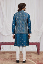 Teal Blue Art Silk Kurta Pajama Male with Embroidery Jacket