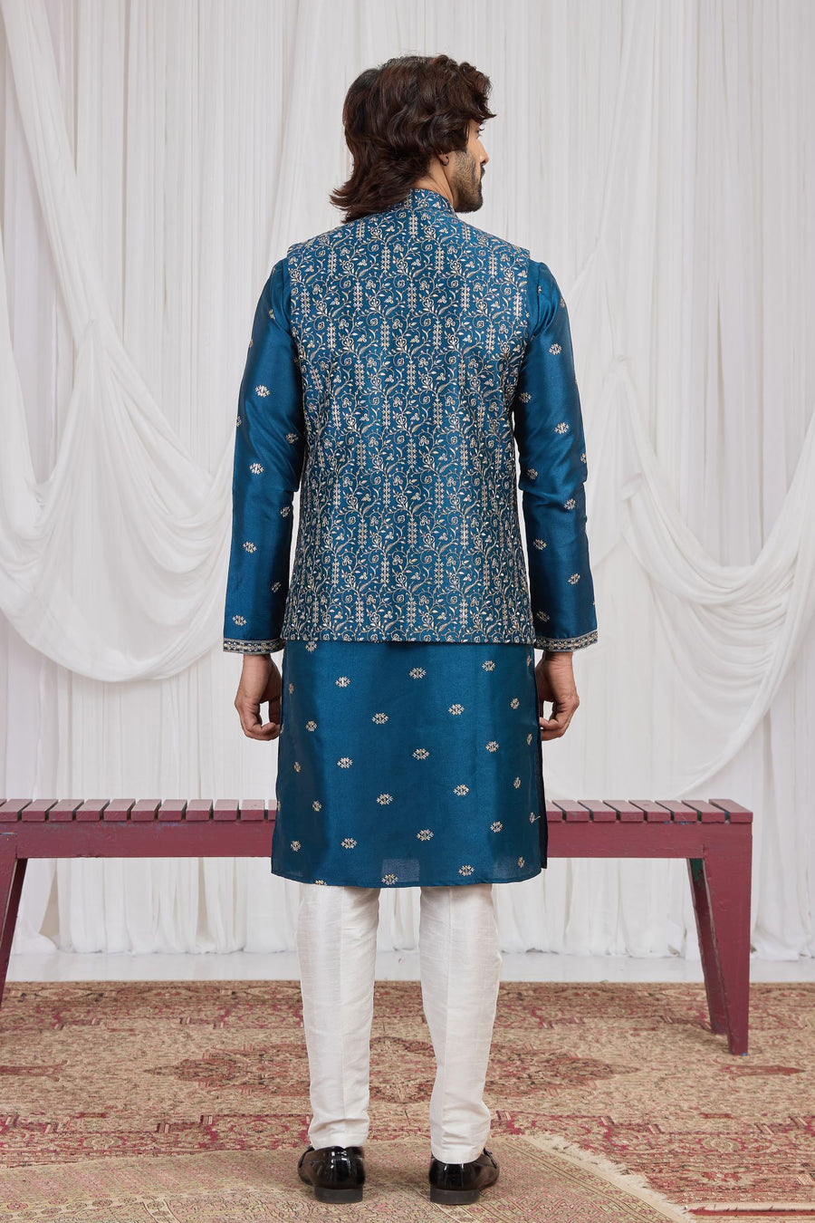 Teal Blue Art Silk Kurta Pajama Male with Embroidery Jacket