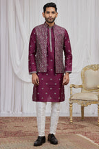 Burgundy Art Silk Kurta Pyjama for Men with Embroidery Jacket
