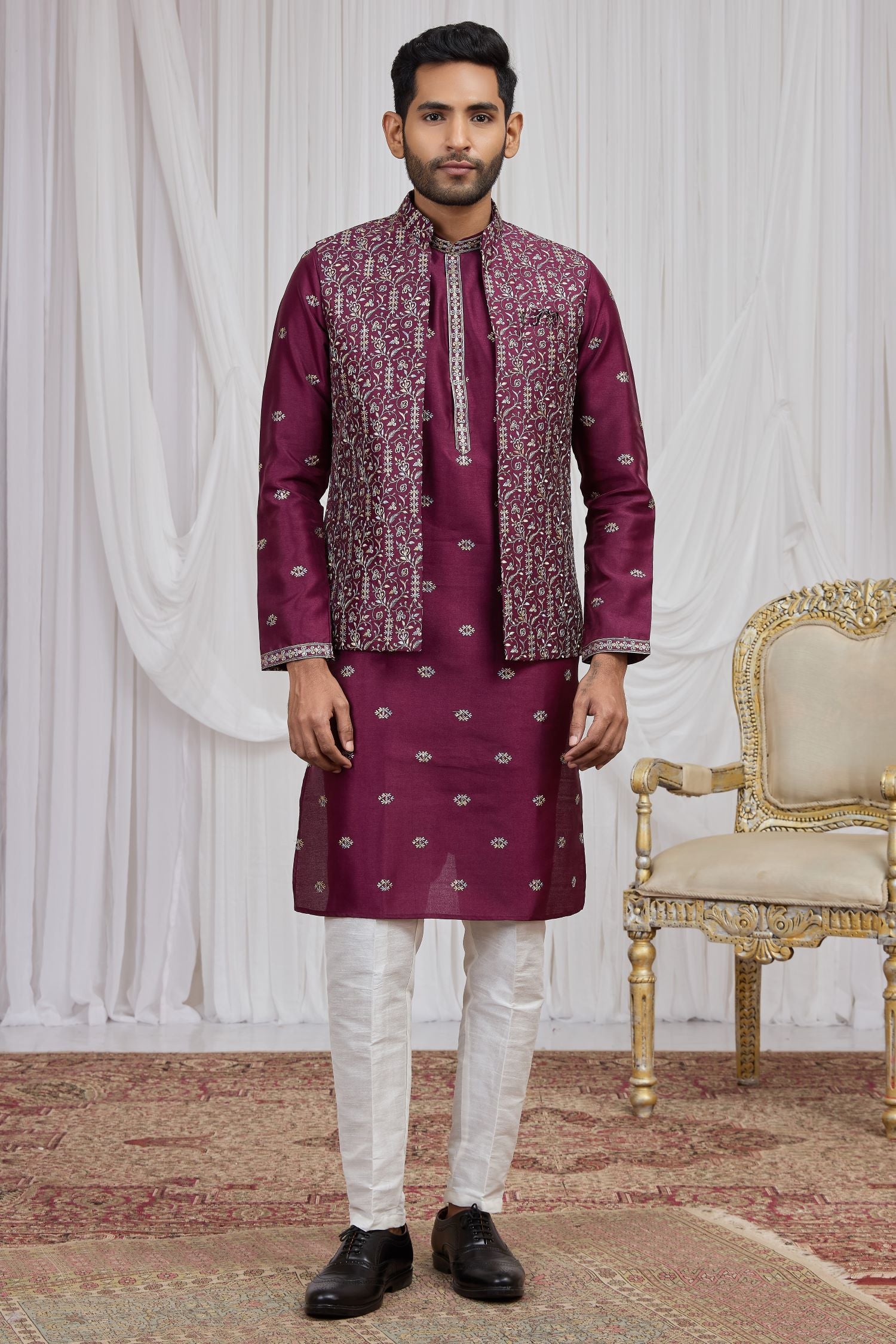 Burgundy Art Silk Kurta Pyjama for Men with Embroidery Jacket