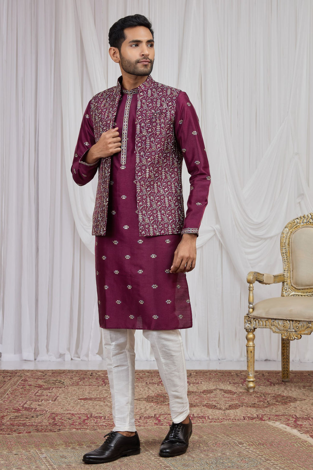 Burgundy Art Silk Kurta Pyjama for Men with Embroidery Jacket