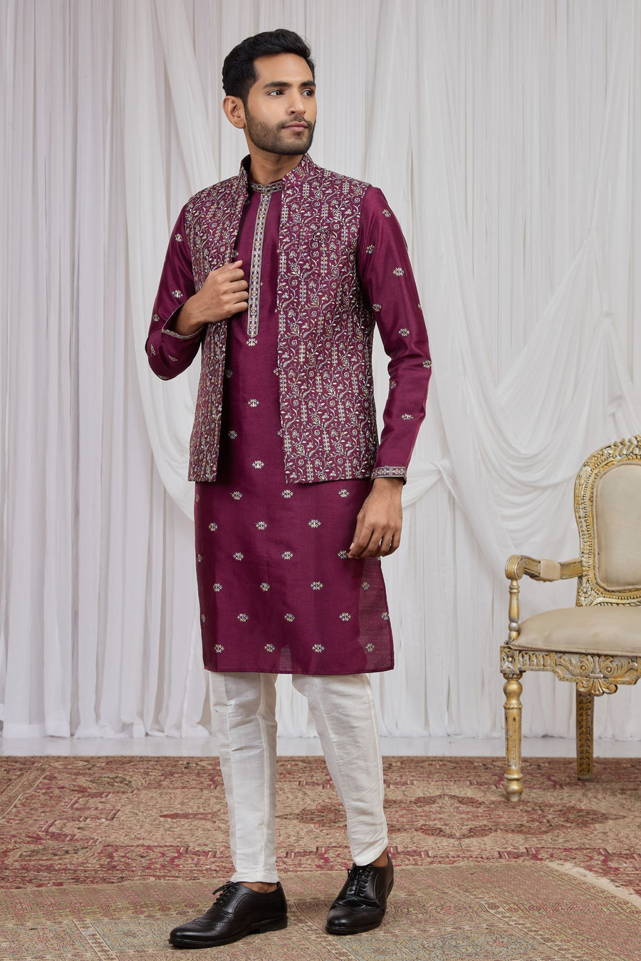 Burgundy Art Silk Kurta Pyjama for Men with Embroidery Jacket