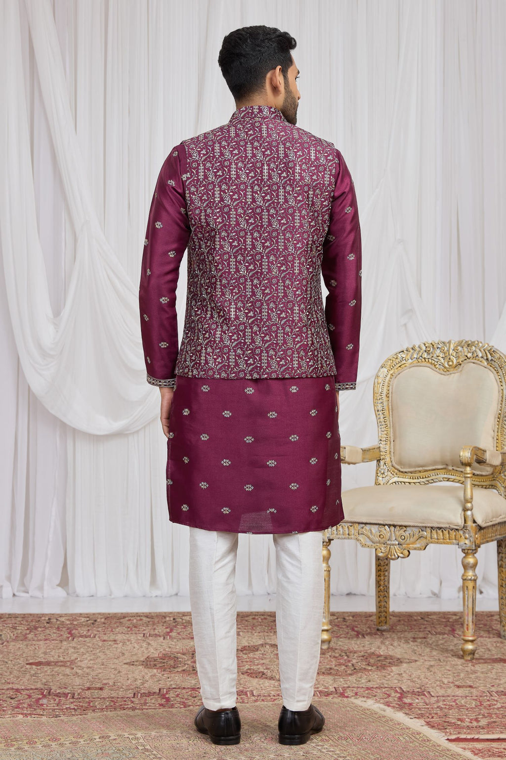 Burgundy Art Silk Kurta Pyjama for Men with Embroidery Jacket