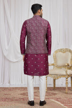 Burgundy Art Silk Kurta Pyjama for Men with Embroidery Jacket