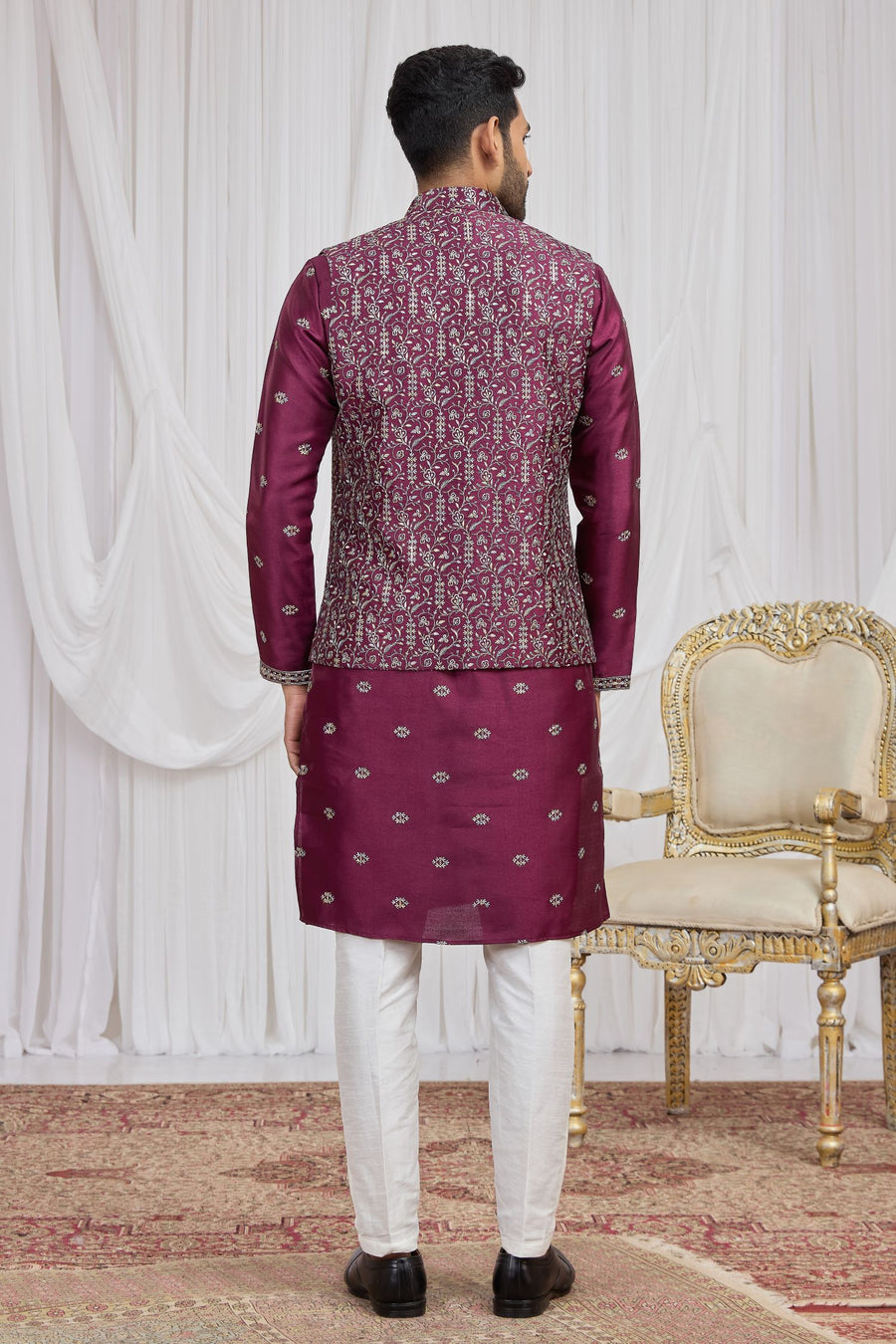 Burgundy Art Silk Kurta Pyjama for Men with Embroidery Jacket