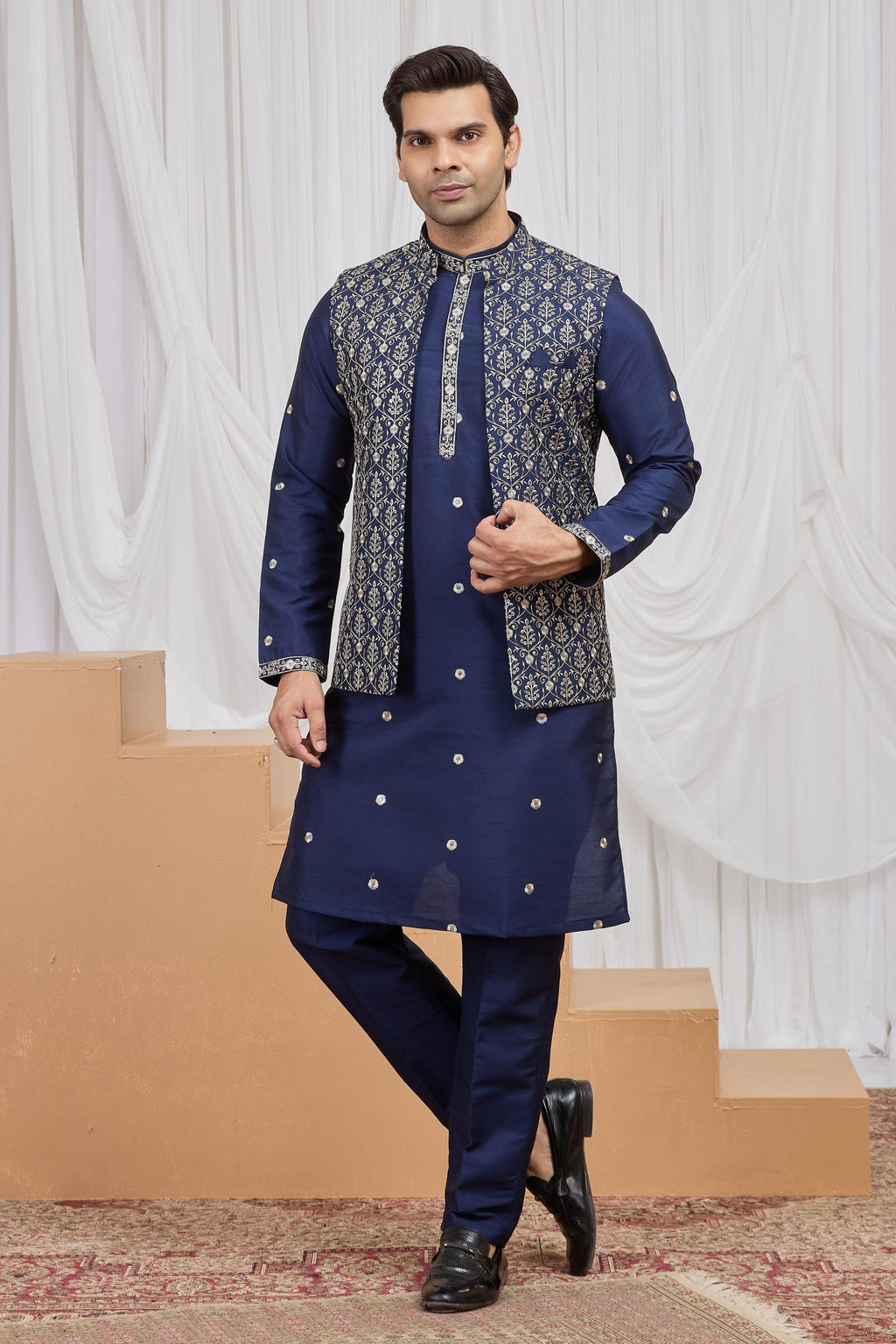 Dark Navy Art Silk Men's Kurta and Pajama with Embroidery