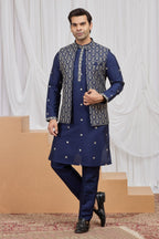 Dark Navy Art Silk Men's Kurta and Pajama with Embroidery