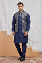 Dark Navy Art Silk Men's Kurta and Pajama with Embroidery