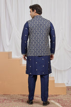 Dark Navy Art Silk Men's Kurta and Pajama with Embroidery
