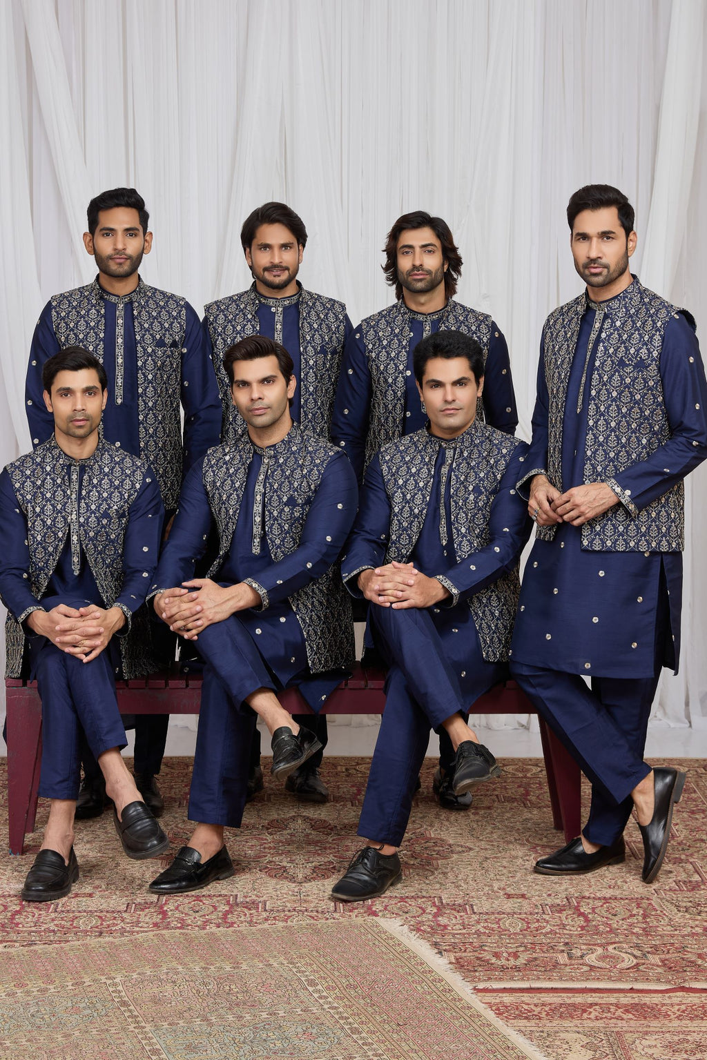 Dark Navy Art Silk Men's Kurta and Pajama with Embroidery