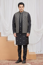 Black Art Silk Kurta Set for Men & Pajama with Embroidery Work Jacket