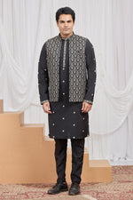 Black Art Silk Kurta Set for Men & Pajama with Jacket - Embroidery Work