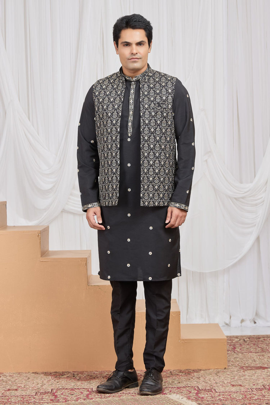 Black Art Silk Kurta Set for Men & Pajama with Embroidery Work Jacket