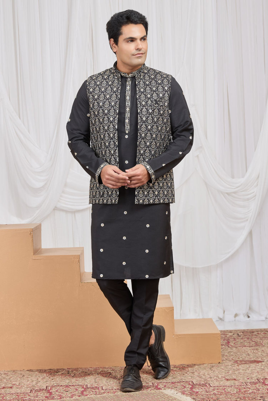 Black Art Silk Kurta Set for Men & Pajama with Embroidery Work Jacket