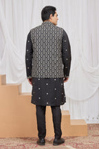 Black Art Silk Kurta Set for Men & Pajama with Embroidery Work Jacket