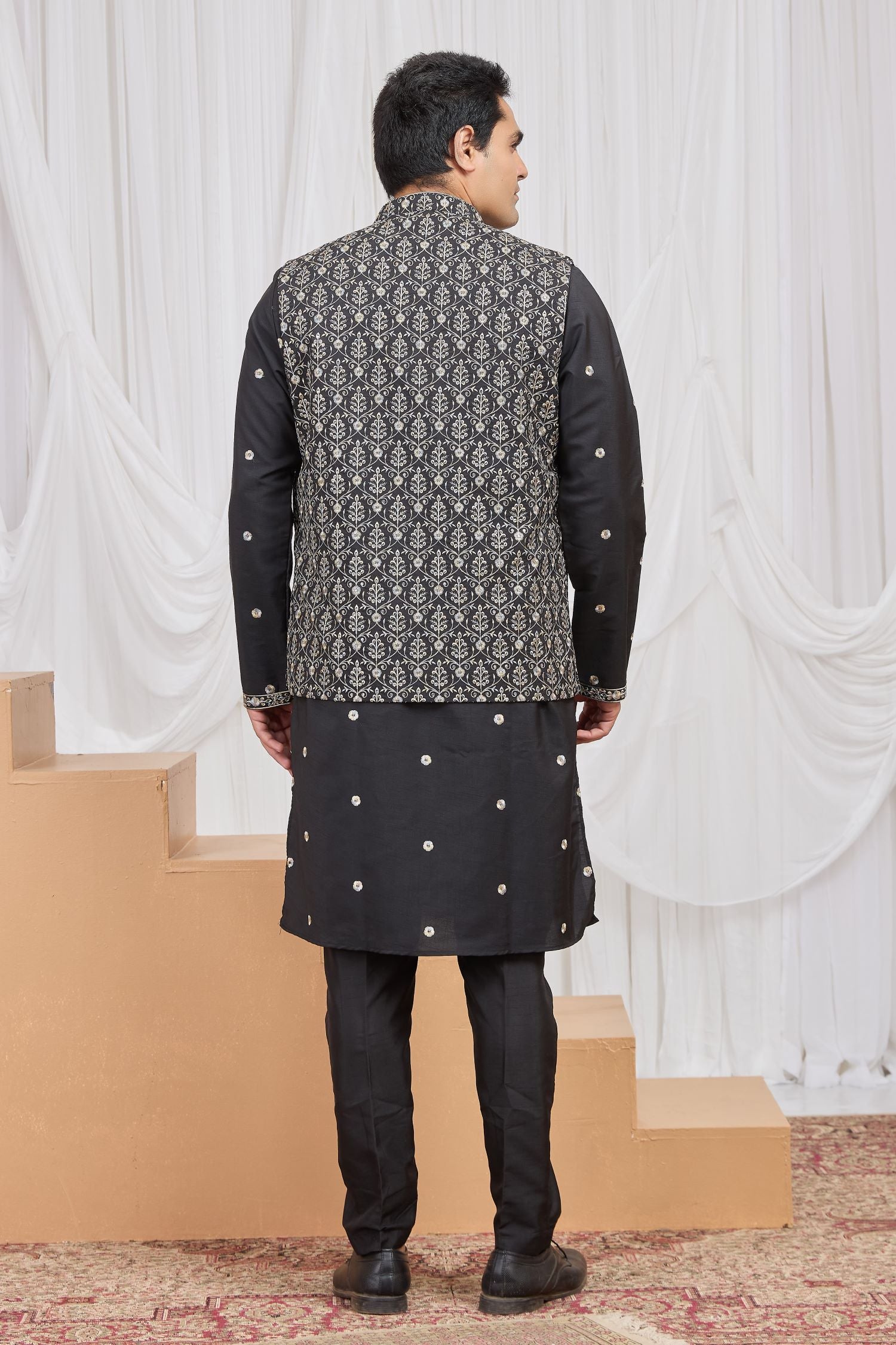 Black Art Silk Kurta Set for Men & Pajama with Embroidery Work Jacket