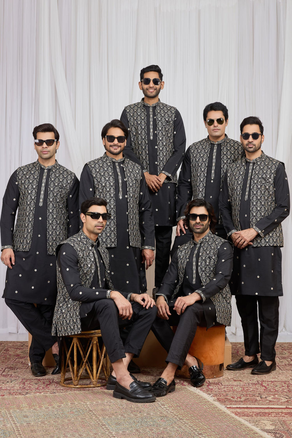 Black Art Silk Kurta Set for Men & Pajama with Embroidery Work Jacket