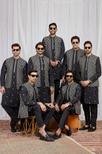 Black Art Silk Kurta Set for Men & Pajama with Embroidery Work Jacket