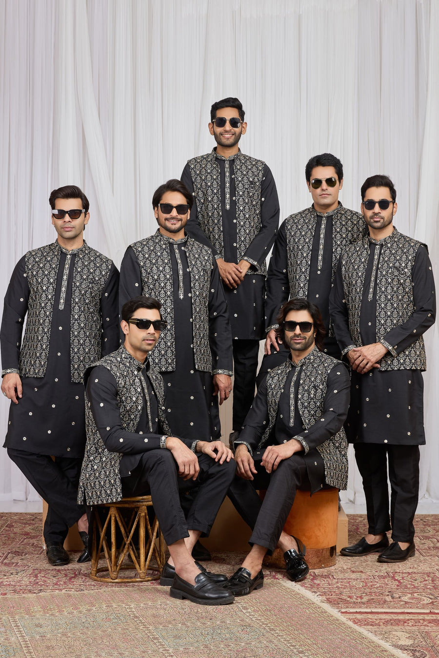 Black Art Silk Kurta Set for Men & Pajama with Embroidery Work Jacket