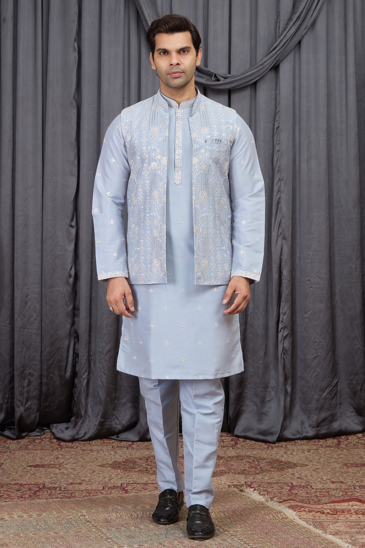 Light Blue Art Silk Kurta Mens Wear & Pajama with Embroidery Jacket