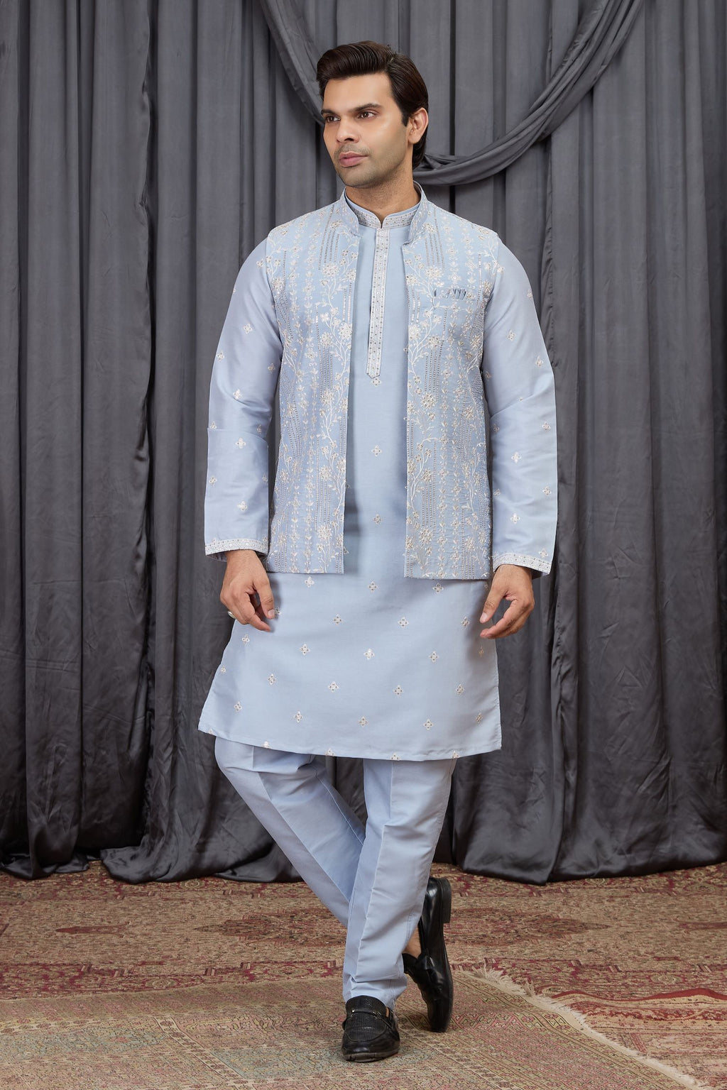 Light Blue Art Silk Kurta Mens Wear & Pajama with Embroidery Jacket