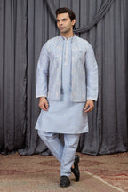 Light Blue Art Silk Kurta Mens Wear & Pajama with Embroidery Jacket