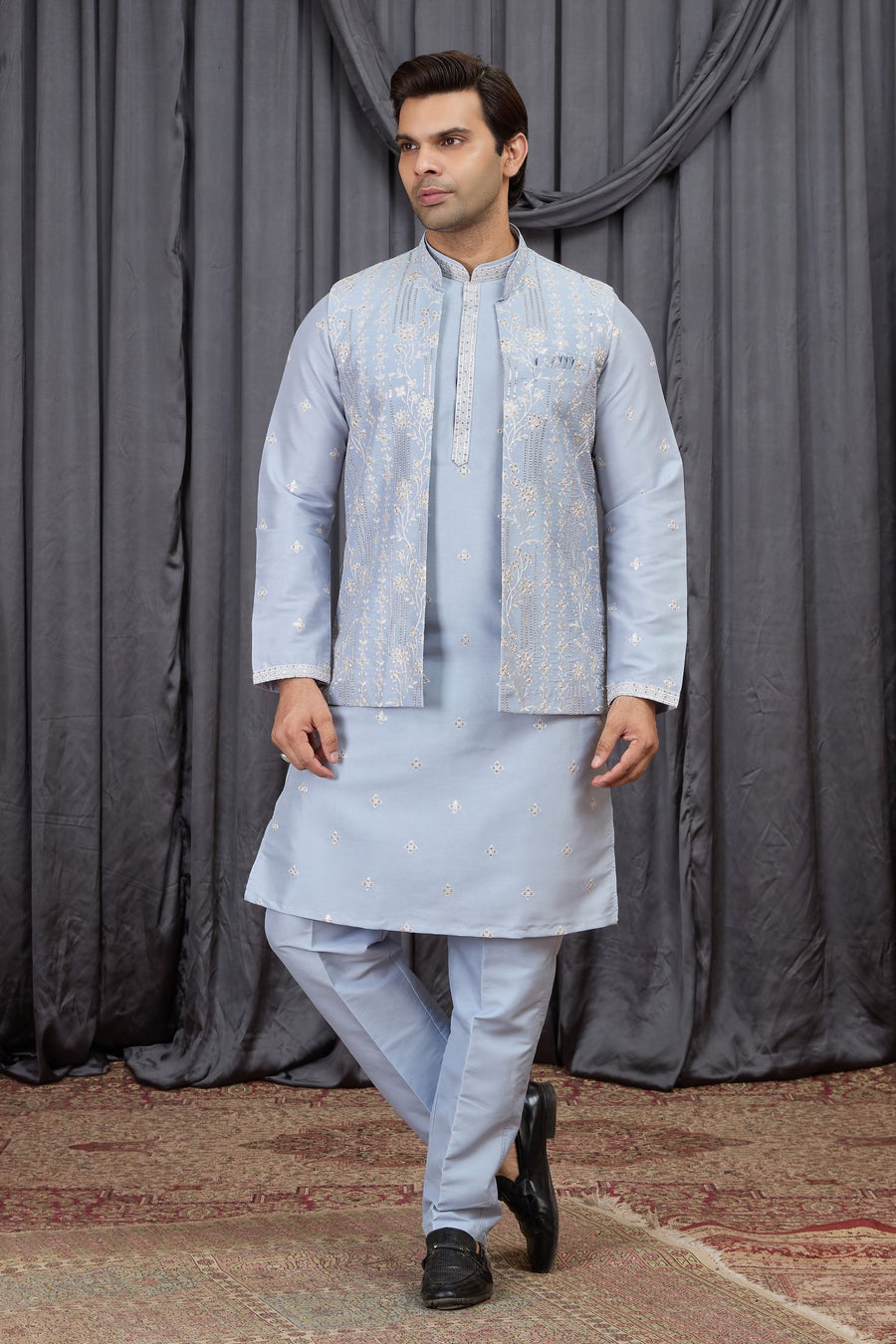 Light Blue Art Silk Kurta Mens Wear & Pajama with Embroidery Jacket