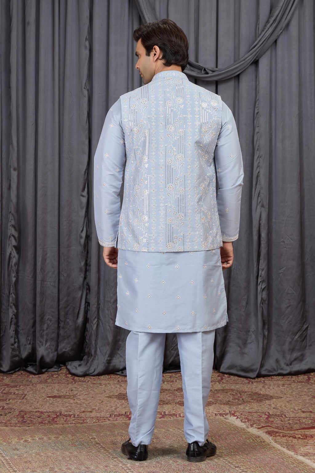 Light Blue Art Silk Kurta Mens Wear & Pajama with Embroidery Jacket