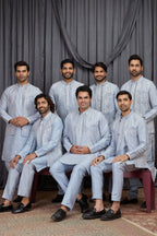 Light Blue Art Silk Kurta Mens Wear & Pajama with Embroidery Jacket