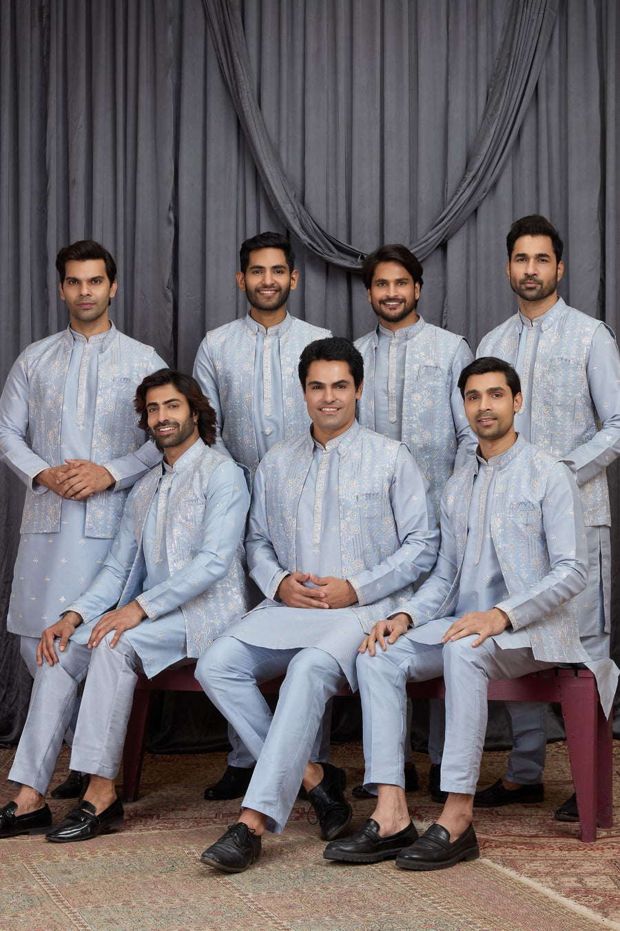 Light Blue Art Silk Kurta Mens Wear & Pajama with Embroidery Jacket