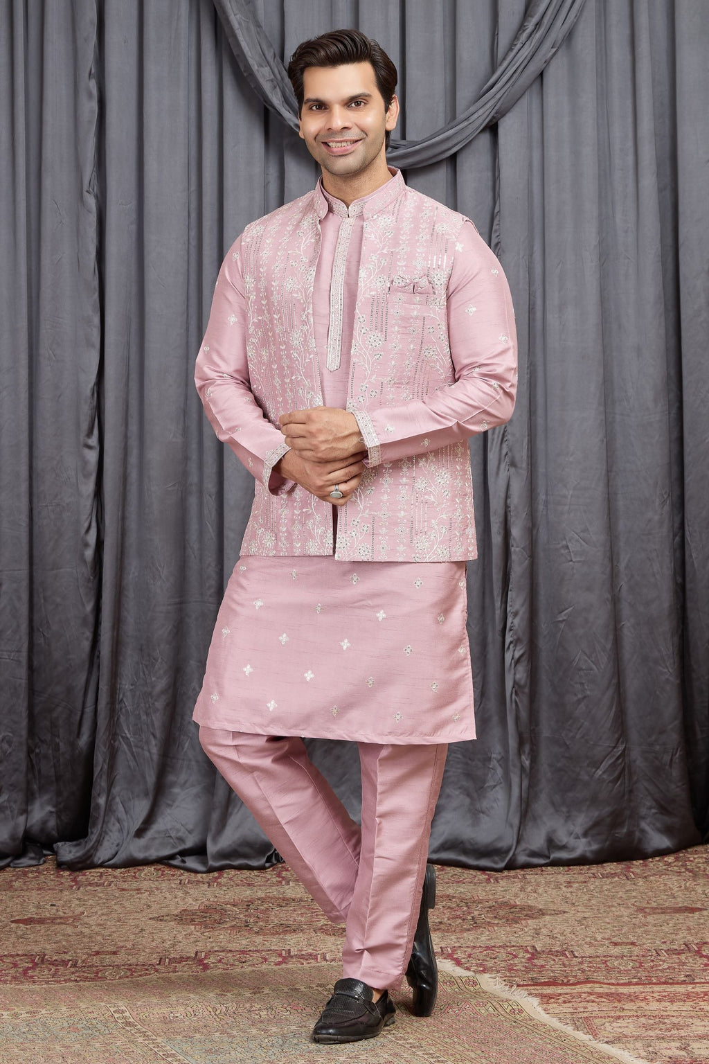 Pink Art Silk Mens Kurta for Wedding & Pajama with Embroidered Jacket